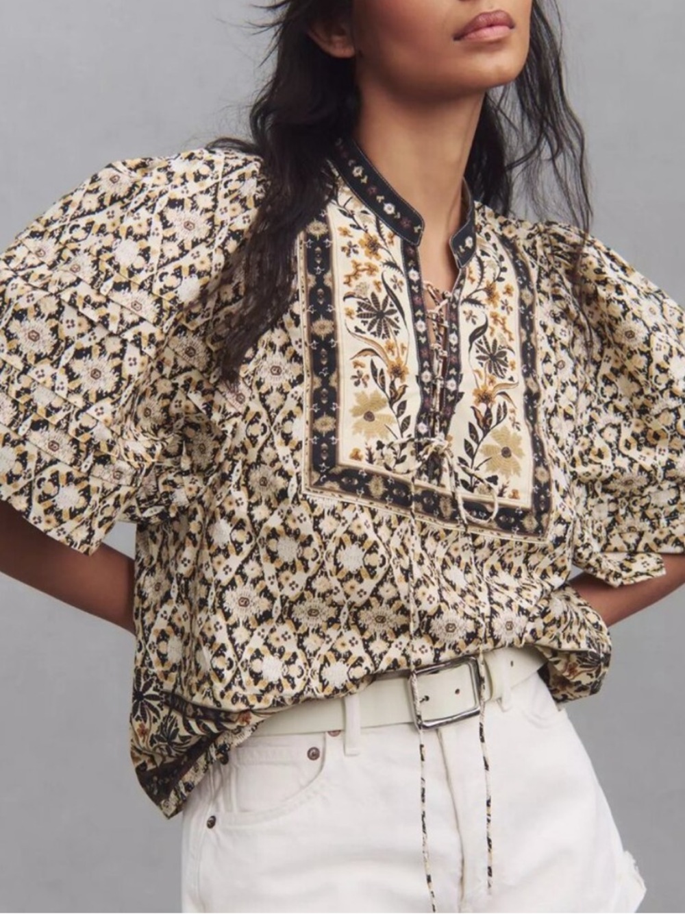 Anthropologie Beige Black Floral Embroidered Peasant Blouse
